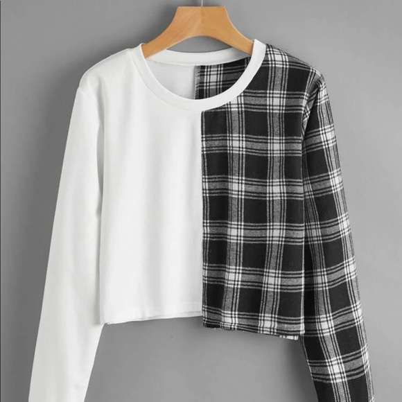 Tops - 🌸3/30$🌸 Plaid split two tone shirt crop top long sleeve